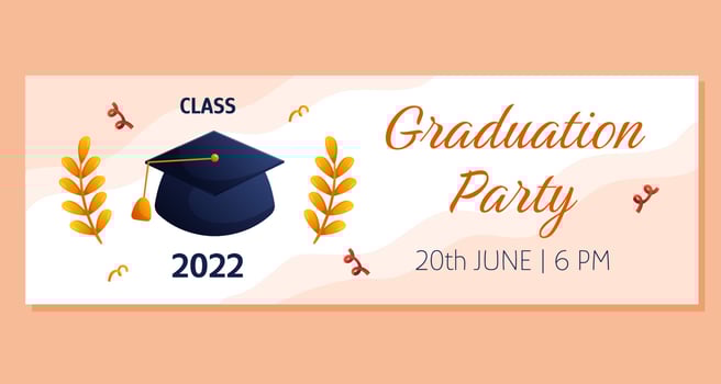 Graduation party horizontal banner invitation with cap and golden branches. Vector layout template. Degree ceremony invite. Student greeting design.