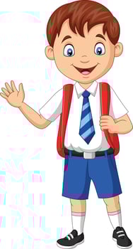 Cartoon school boy in uniform waving hand vector