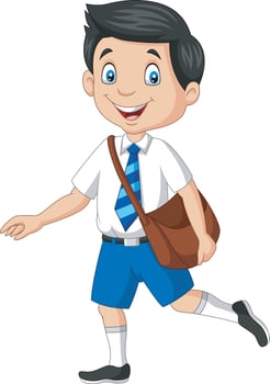 Cartoon happy school boy in uniform carrying backpack vector