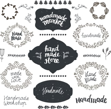 Vector set of hand drawn doodle frames, badges. Handmade, workshop, hand made shop graphic design set. Arts and crafts, icons, logos, badges set isolated, lettering