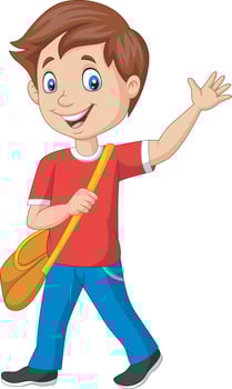 Cartoon school boy with backpack and waving vector