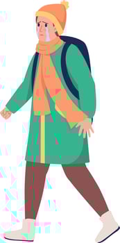 Refugee boy with backpack running away from war semi flat color vector character