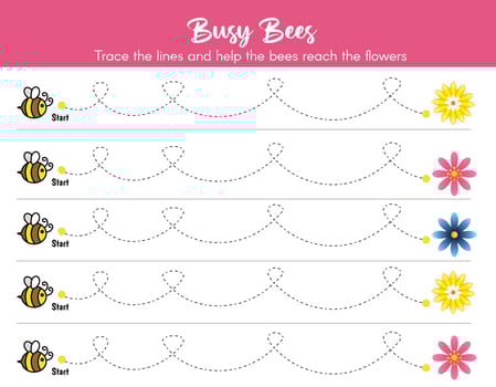 Educational worksheet for kids. Tracing lines. Handwriting practice. Bee and flower. vector