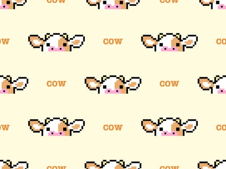 Cow cartoon character seamless pattern on yellow background.Pixel style vector