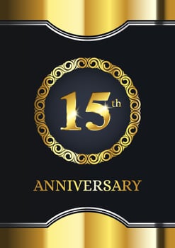 15th anniversary celebration. Luxury celebration template with golden decoration on black background. Elegant vector template for invitation card, celebration, greeting cards and other.