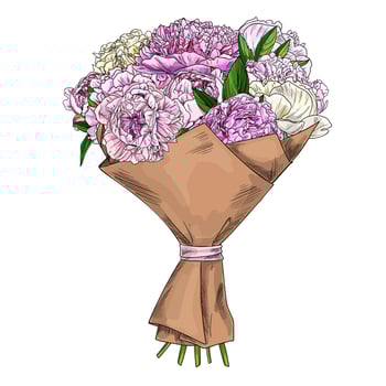 Pink peonies bouquet, wrapped in craft paper vector