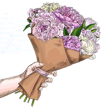 Hand holding lush peonies bouquet wrapped in craft paper vector