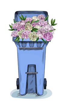 Garbage container full of lush pink peonies vector