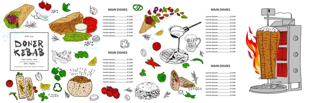 Shawarma cooking and ingredients for kebab. vector