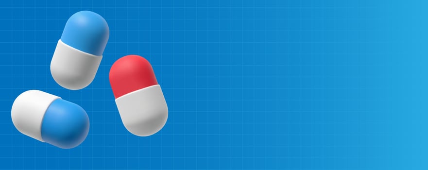 Vector banner with medical pills. Pharmacy capsules for health. Realistic 3d illustration