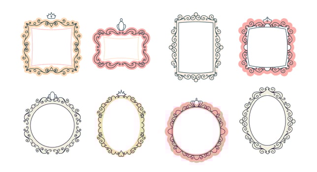 Cute set of mirrors for a princess with crowns. Frames for girls are decorative. Vector elements of a fairytale illustration