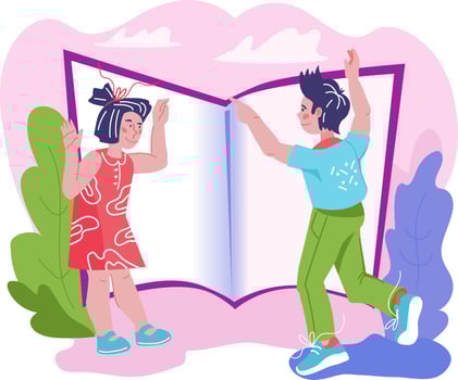 Children - boy and girl cartoon characters reading book flat vector illustration isolated. Children library, education and learning banner. Love to literature concept for book fairs and stores.
