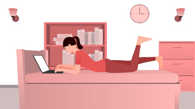 Woman using laptop on bed vector