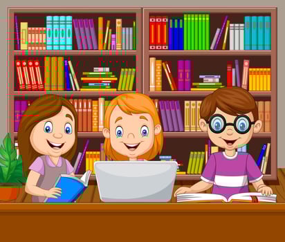Cartoon kids studying in the library vector