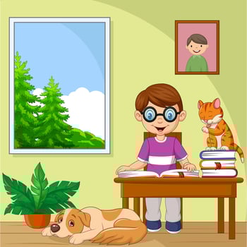 Cartoon little boy studying in the room vector