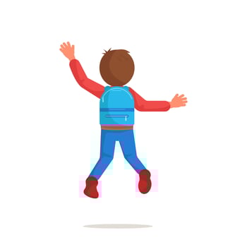 Boy, teenager, schoolboy, student with backpack on his back cheerfully jumps up. Rear view. Happy baby and jump vector