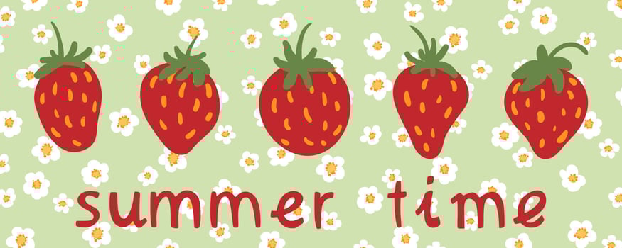Bright summer time strawberry vector banner. Beautiful summer poster, funny slogan, quote with strawberry. Cute cartoon illustration.