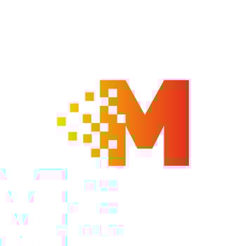 Colorful letter M fast pixel dot logo. Pixel art with the letter M. Integrative pixel movement. Creative scattered technology icon. Modern icon creative ports. Vector logo design.