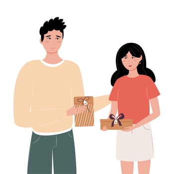 Man and woman present concept. Young happy man and woman give gifts to each other. Smiling couple in love. Romantic cute concept, poster, banner, card. Vector illustration in flat style.