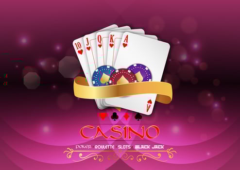 Poker casino gambling set with chips and royal flush ribbon on a purple light background vector