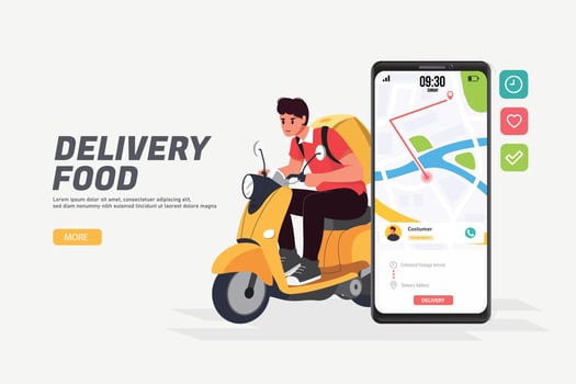 Fast and free delivery by scooter. Perfect for landing page, Delivery man and smartphone tracking website, banner, background, application, poster, on mobile vector