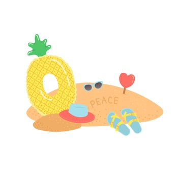 Hello summer set of elements on sand, vector illustration