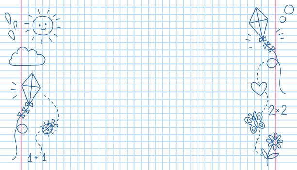 Simple background with checkered notebook and pen doodles, vector illustration for school