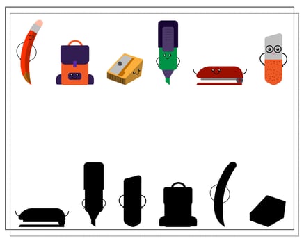 A puzzle game for kids to find the right shadow. Cute cartoon school supplies. vector