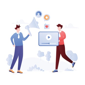 Person with megaphone and mobile, flat illustration of media marketing vector