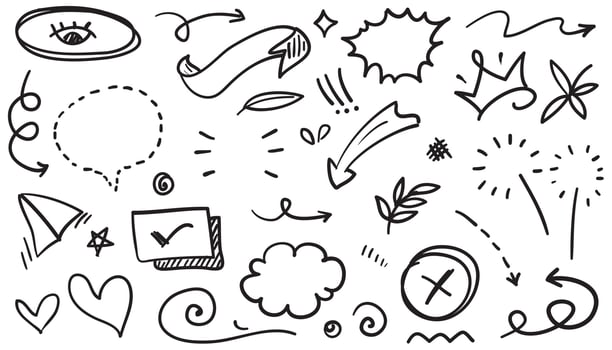 Abstract arrows, ribbons, crowns, hearts, explosions and other elements in hand drawn style for concept design. Doodle illustration. Vector template for decoration