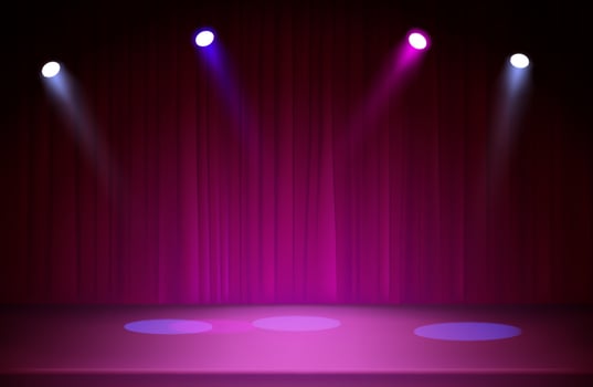 Illuminated dark stage with colorful projectors vector