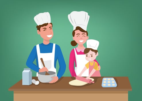 Parents and children preparing a festive cake at the kitchen. family ties vector illustration