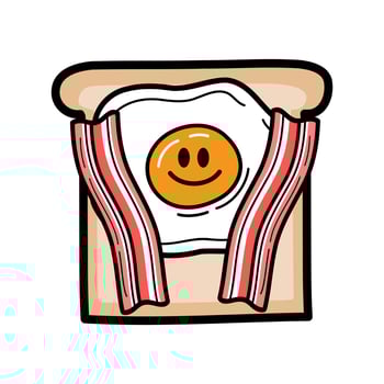Bacon with fried egg smile on sliced bread breakfast hand drawing doodle cartoon character flat vector design.