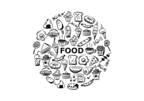 Fast food cartoon doodle hand drawn circle on white background flat vector design.