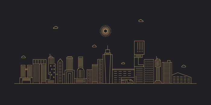 Cityscape. Modern flat line landscape vector. City landscape line art illustration with building, tower, skyscrapers. Vector illustration.