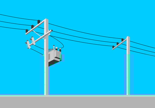 Cement high voltage electric pole power with transformer and drop fuse on blue sky background flat vector design.