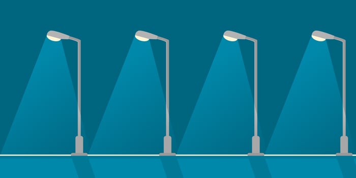 Streetlight lamp poles illumination in night time on dark blue background flat icon vector design.