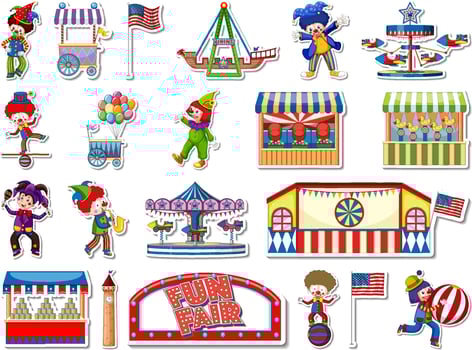 Sticker set of amusement park and fun fair objects vector