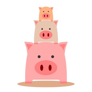 Three pink brown and orange fat cute pig or piglet on white background cartoon character flat vector design.