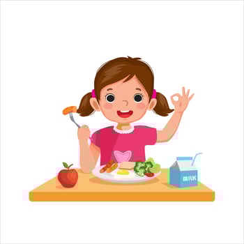 Cute little girl eating breakfast with bread, egg, broccoli and holding sausage with fork showing okay sign vector