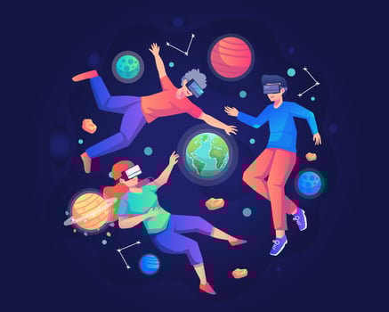 young people wearing VR headsets floating in outer space among the planets. Simulation of the virtual digital world for entertainment and visual experience in the metaverse. Flat vector illustration