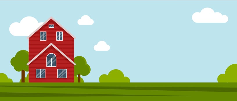 Country farm house on a green meadow, agricultural construction. Flat vector illustration on a background of blue sky with clouds.Cartoon rural landscape panorama field.Banner for website