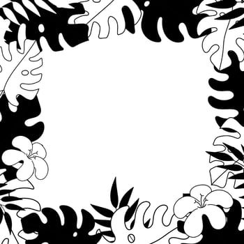 Simple black square frame with monstera leaves. Floral ornament, silhouette of leaves on a white background.Wedding decor, engraving, tropical plants.Vector illustration isolated vector