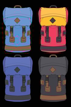 Set of vector Colorful Backpacks. Backpacks for schoolchildren, students, travellers and tourists. Back to School rucksack flat vector illustrations isolated on white.