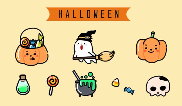 Happy Halloween cute flat design icon set.pumpkins,ghost,candy,poison,skull.Vector illustration. kawaii cartoon cliparts. vector