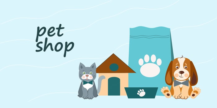 Pet shop banner design template. Vector cartoon illustration of cats, dogs, house, food