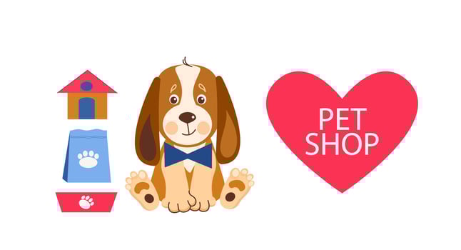 Pet shop banner design template. Vector cartoon illustration of cats, dogs, house, food.