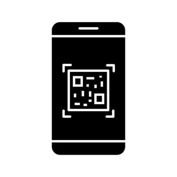 QR code scanning smartphone app glyph icon. Matrix barcode scanner. 2D code mobile phone reader. Silhouette symbol. Negative space. Vector isolated illustration