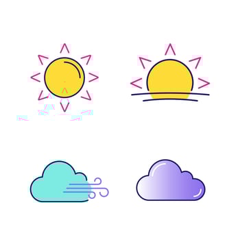 Weather forecast color icons set. Sun, sunrise, sunset, cloudy and windy weather, cloud. Isolated vector illustrations