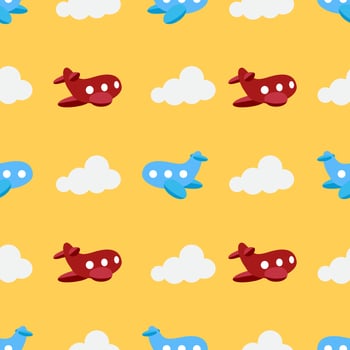 Seamless pattern with color aircrafts, airplane in the sky. vector